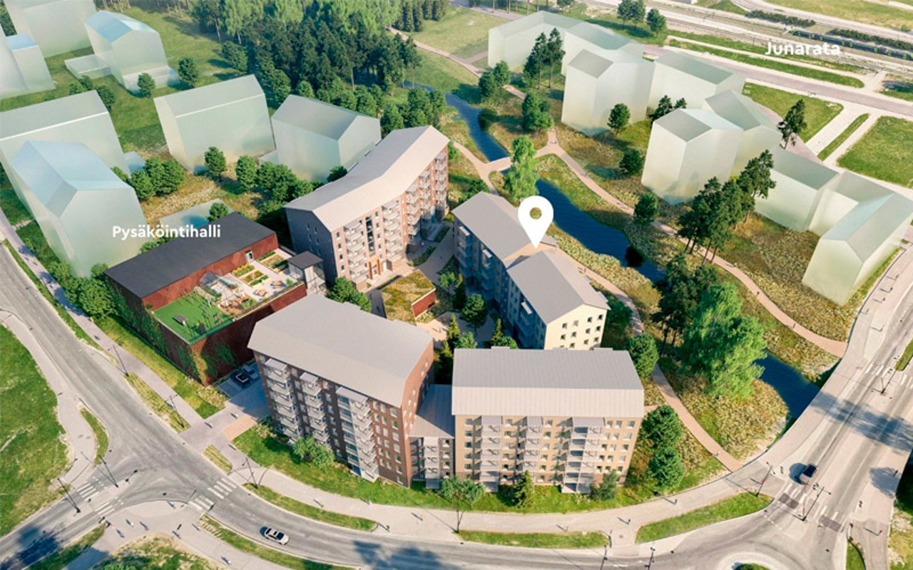 Luonnoskuva Espoon Vanttilan alueelle suunnitteilla olevan uudesta asuinkorttelista