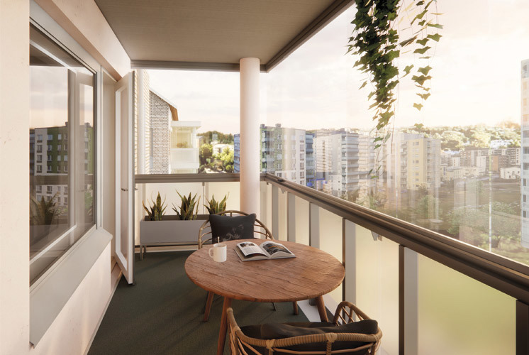 Luonnoskuva Järvenpään Pormestarinkulman asunnon parvekenäkymästä