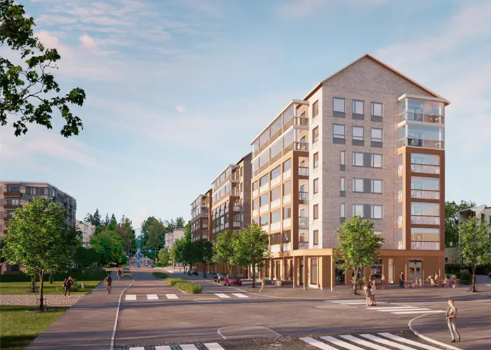 Luonnoskuvanäkymä Järvenpään Keskustan kolmen kerrostalon kokonaisuudesta Valtuustonkadulla, näkymä Myllytieltä