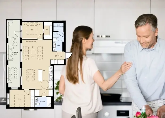 Pariskunta laittamassa ruokaa keittiössä ja kuva päällä Helgan asuntopohja