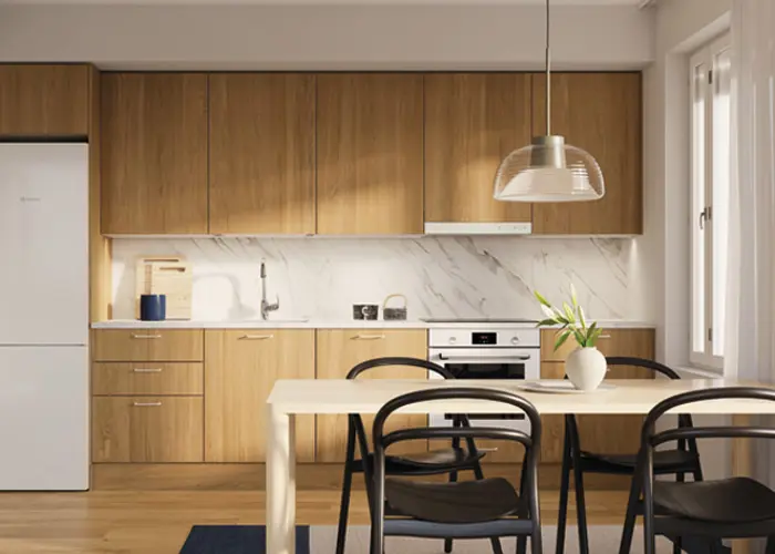 Luonnoskuva Hartelan Interior Puhdas -tyylistä keittiössä