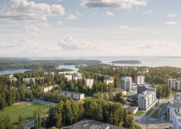 Ilmakuvaluonnos Tampereen Lentävänniemestä, jossa näkyy Hartelan suunnitteilla olevat kerrostalokohteet