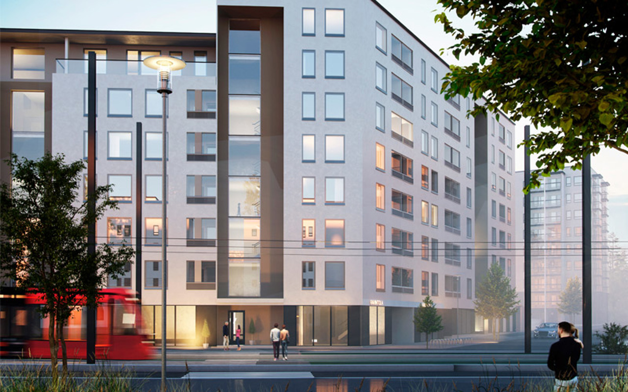 Kaavavaiheen luonnoskuva Tampereen Lentävänniemen uudisrakennuksesta 