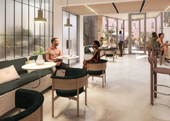 Havainnekuva Arnan sisätilasta. Ihmisiä istuu tuoleilla pöytien äärellä