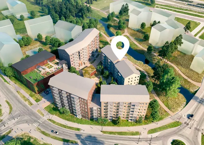 Luonnoskuva Espoon Vanttilan alueelle suunnitteilla olevan uudesta asuinkorttelista