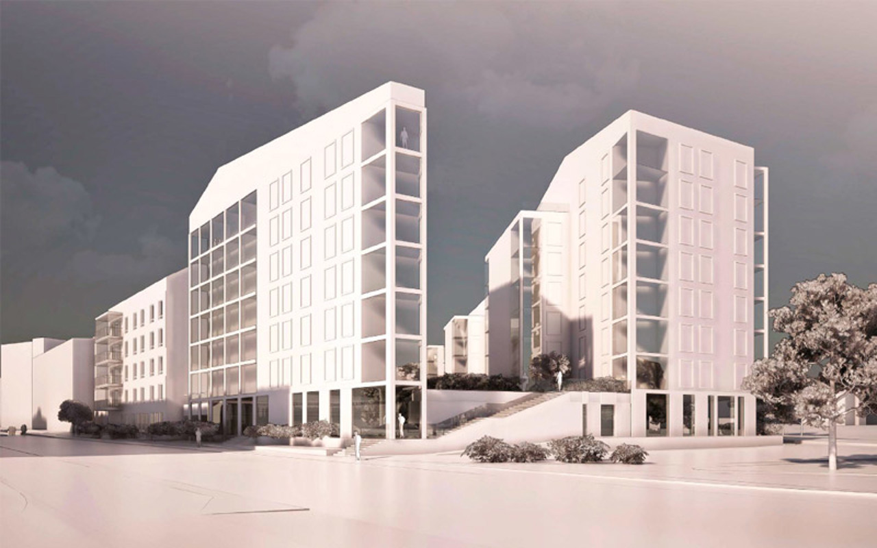 Perspektiivi Heikkiläntien suunnitteilla olevasta asuinkorttelista risteyksestä katsottuna, luonnoskuva