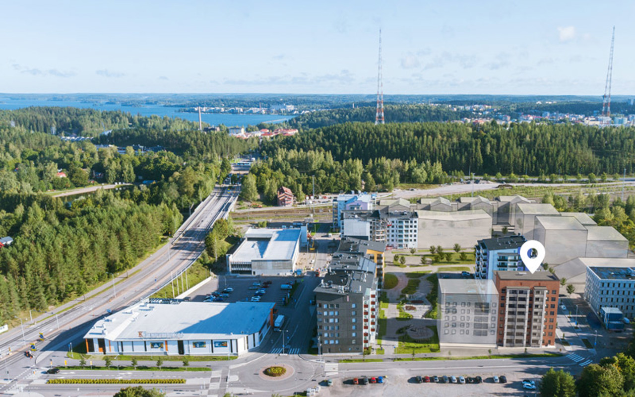 Ilmakuvaluonnos Lahden Vahva-Jussin alueelta ja uuden kohteen Taimen sijainnista