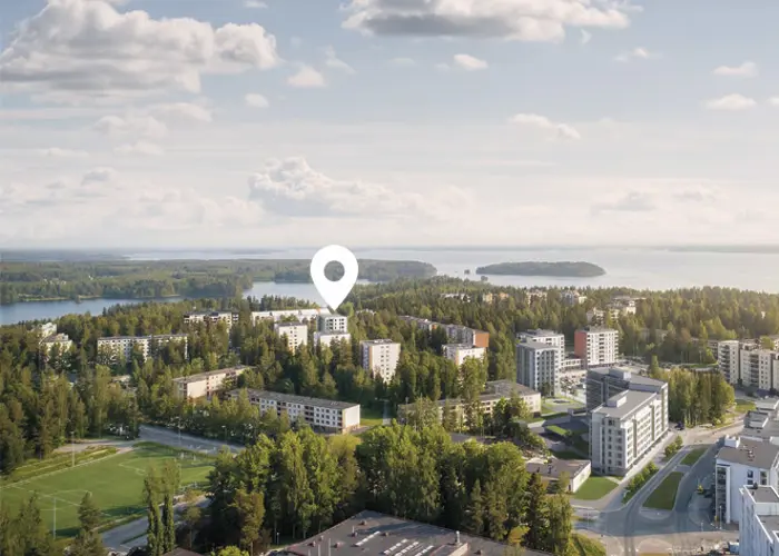 Ilmakuvaluonnos Tampereen Lentävänniemestä, jossa näkyy Hartelan suunnitteilla olevat kerrostalokohteet