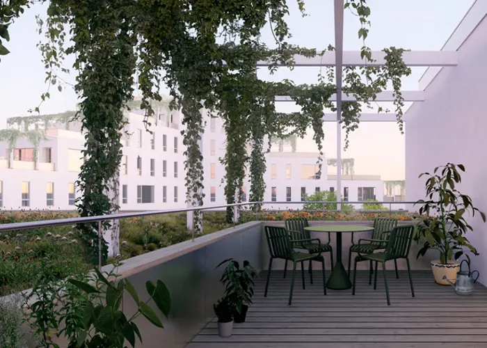 Luonnoskuva Hartelan Helsingin Verkkosaareen suunnitteilla olevan viherkorttelin terassipihalta