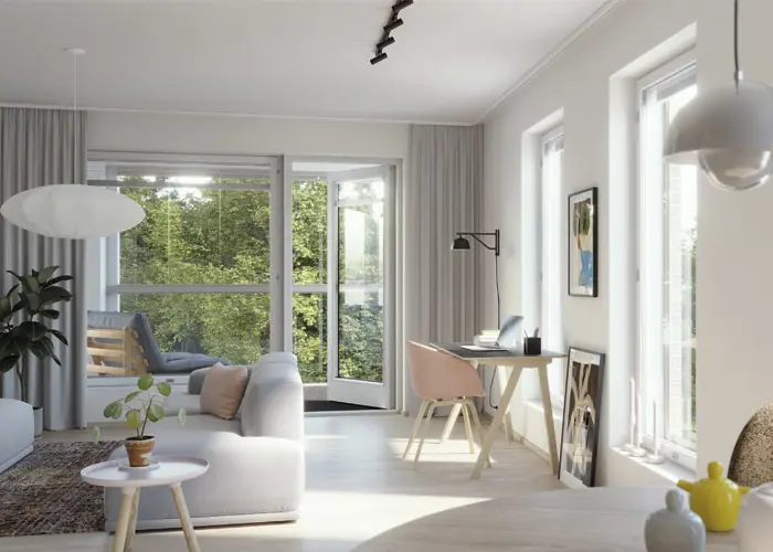 Luonnoskuvanäkymä Turun Pukkilan asuntokohteen olohuoneesta