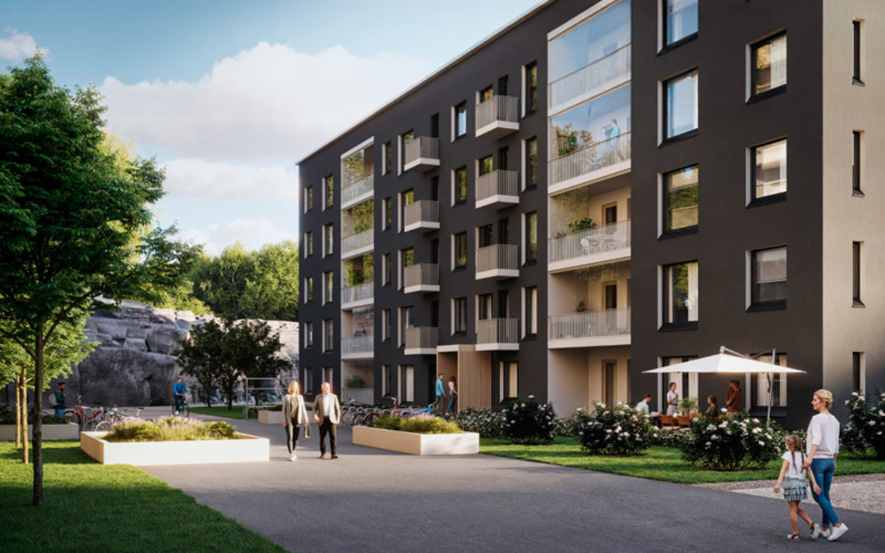 Luonnoskuva Turun Skalan julkisivusta sisäpihalta päin