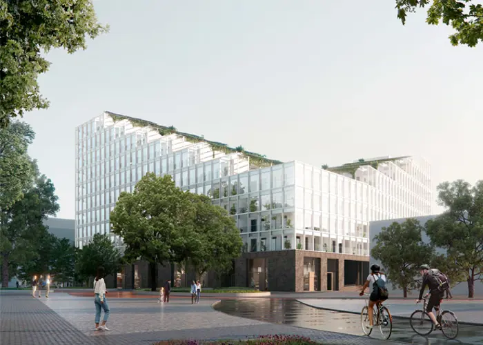 Hartela Katunäkymä Verkkosaaren viherkorttelin ylväästä arkkitehtuurista, joka luo tulevaisuuteen katsovan ja tunnistettavan ilmeen